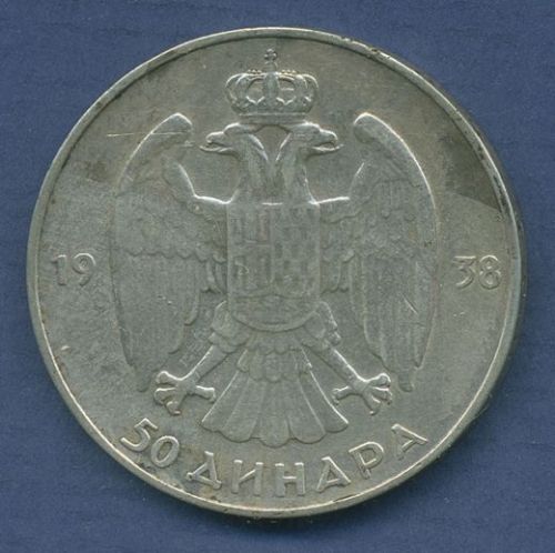 Jugoslawien 50 Dinara 1938, Silber, Petar II., KM 24 ss (m3581)