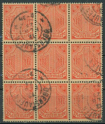 Dt. Reich Dienst 1920 ohne Ablösungsziffer D 30 9er-Block gestempelt