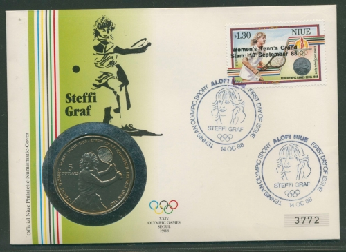 Niue 1988 Steffie Graf mit 5 Dollar- Münze, 735 Numisbrief (G21705)
