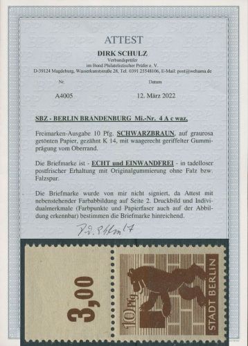 SBZ Berlin & Brandenburg 1945 4 A c waz postfrisch geprüft mit Attest, selten!