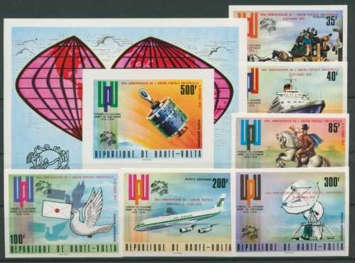 Obervolta 1974 100 Jahre Weltpostverein UPU 517/22, Bl. 26 B postfrisch (G22192)