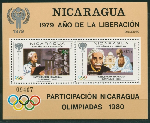 Nicaragua 1980 Jahr des Kindes Albert Einstein Block 113 postfrisch (C22434)