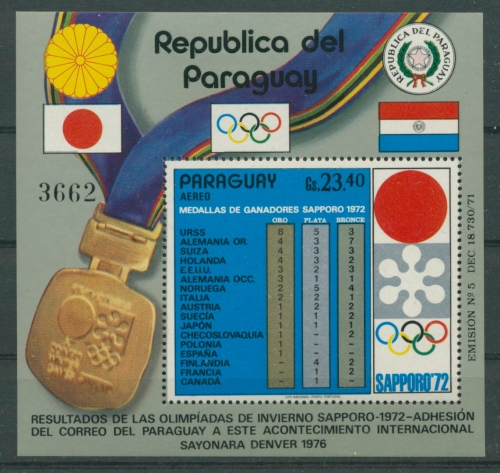 Paraguay 1972 Medaillenspiegel Olympiade Sapporo Block 192 postfrisch (C22609)