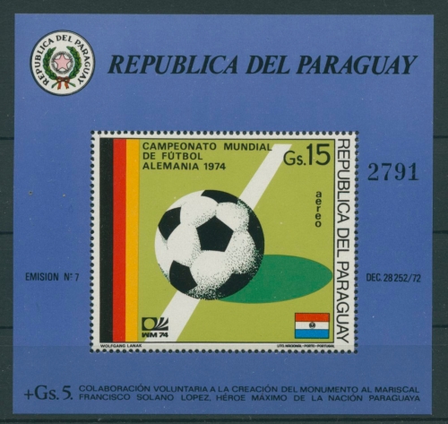 Paraguay 1974 Fußball-WM Deutschland Block 225 postfrisch (C22620)