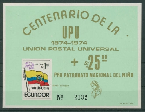 Ecuador 1974 100 Jahre Weltpostverein UPU Block 66 postfrisch (C22792)