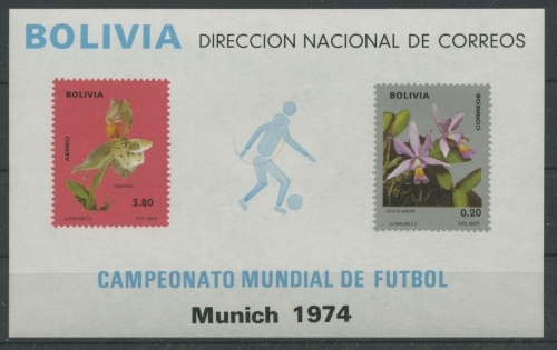 Bolivien 1974 Orchideen, Fußball-WM Block 38 postfrisch (C22826)