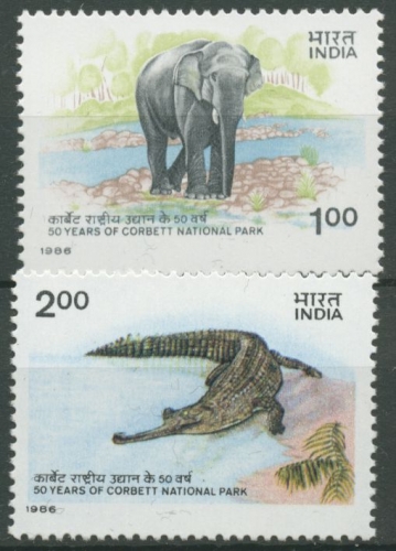 Indien 1986 50 J. Corbett-Nationalpark, Elefant, Ganges-Gavial 1073/74 postfr.