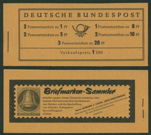 Bund 1960 Heuss/Ziffer WZ Y, Type I Markenheftchen MH 4 Y I RLV II postfrisch
