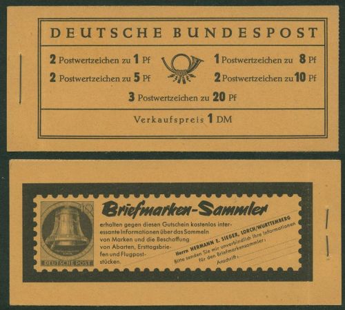 Bund 1960 Heuss/Ziffer WZ Y, Type II Markenheftchen MH 4 Y II RLV I postfrisch