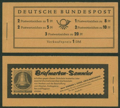 Bund 1960 Heuss/Ziffer WZ Y, Type II Markenheftchen MH 4 Y II RLV II postfrisch