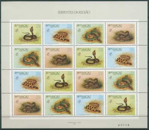 Macau 1989 Schlangen Zusammendruckbogen 620/23 ZD-Bogen postfrisch (SG26654)