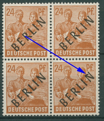 Berlin 1948 24 Pfg. Schwarzaufdruck m. Plattenfehler 9 ? 4er-Block postfrisch