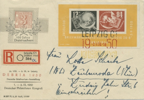 DDR 1950 DEBRIA-Leipzig Block 7 auf Einschreib-Brief mit 3-farbigem SST (T12055)