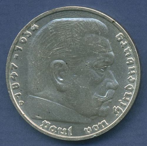 Deutsches Reich 5 Mark 1935 D, Hindenburg, J 360 vz/st (m3769)