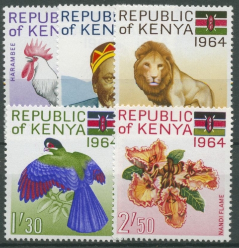 Kenia 1964 Tag der Republik Löwe Hahn Turako 15/19 postfrisch