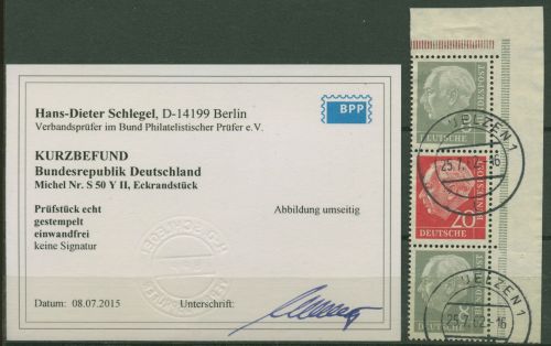 Bund 1960 Heuss/Ziffer (WZ lg.) ZD Ecke ER S 50 YII gest. geprüft mit Befund