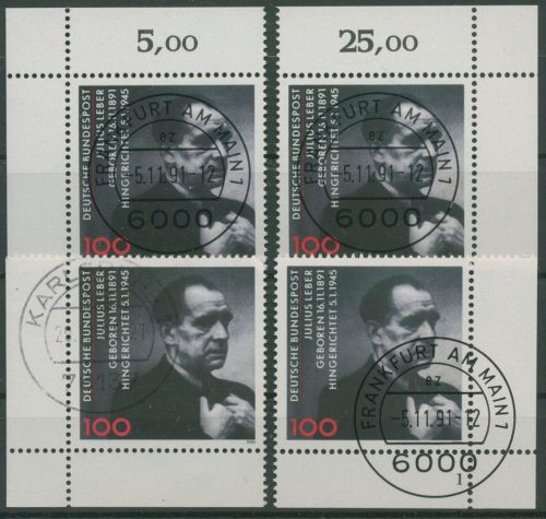 Bund 1991 Politiker Julius Leber 1574 alle 4 Ecken TOP-Stempel (E1937)