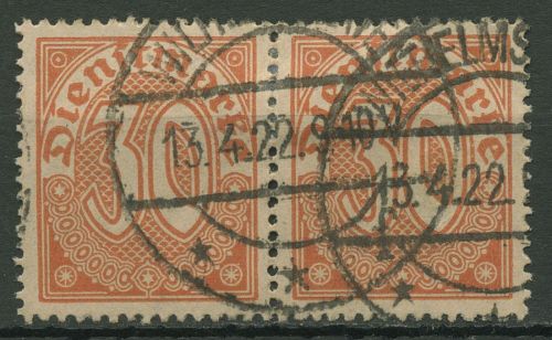 Dt. Reich Dienst 1920 ohne Ablösungsziffer D 27 waagerechtes Paar gestempelt