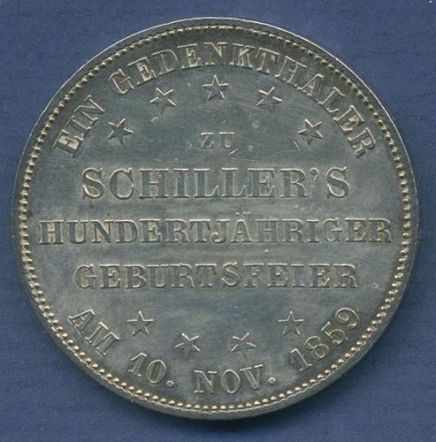 Frankfurt Stadt Taler 1859 Schillers 100. Geburtstag, J 50 vz/st (m3863)