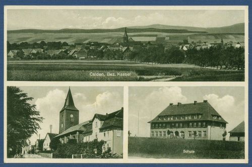 Calden, Bezirk Kassel, An der Kirche Schule, gelaufen 1938 (AK4561)