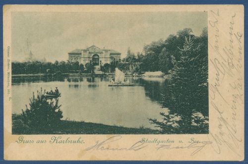 Gruss aus Karlsruhe Stadtgarten und See, gelaufen 1900, fleckig (AK4583)