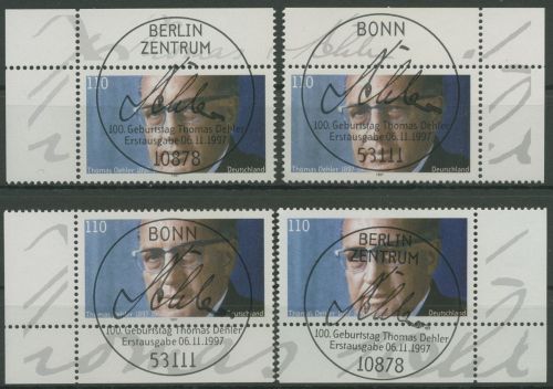 Bund 1997 Politiker Thomas Dehler 1963 alle 4 Ecken mit TOP-ESST (E2834)