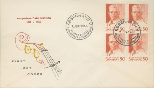 Dänemark 1965 100. Geb. Carl Nielsen Ersttagsbrief 432 y 4er-Block FDC (X80003)