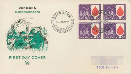Dänemark 1974 Blutspendedienst 555 4er-Block FDC (X80020)