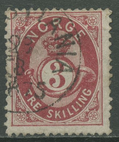 Norwegen 1872/75 Posthorn a. schraffiertem Grund 3 Skilling, 18 a gestempelt