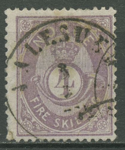 Norwegen 1872/75 Posthorn a. schraffiertem Grund 4 Sk., 19 e gestempelt, Mängel