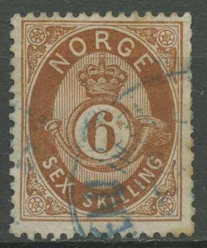 Norwegen 1872/75 Posthorn a. schraffiertem Grund 6 Skilling, 20 gestempelt
