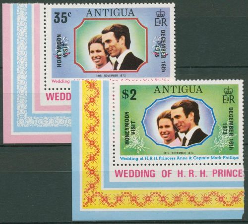Antigua 1973 Prinzessin Anne Hochzeitsreise 312/13 Ecke postfrisch