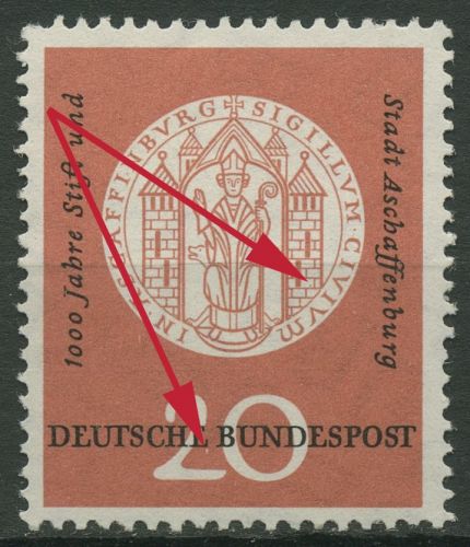 Bund 1957 Aschaffenburg mit Plattenfehler 255 VI postfrisch