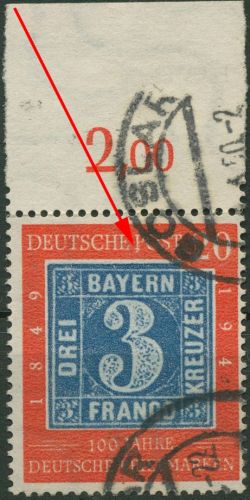 Bund 1949 100 Jahre dt. Briefmarken Plattenfehler 114 II Oberrand gestempelt