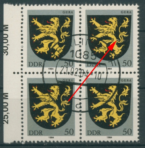 DDR 1984 Stadtwappen mit Plattenfehler 2857 I 4er-Block mit Massenentwertung