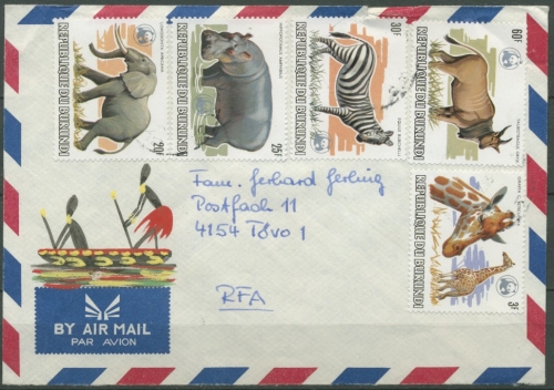 Burundi 1983 WWF Naturschutz Tiere 1597, 1600/02, 1604 auf Brief (T13125)