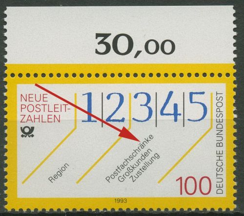 Bund 1993 Neue Postleitzahlen mit Plattenfehler 1659 f 3 postfrisch