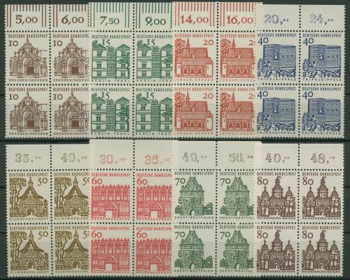 Bund 1964/65 Bauwerke klein Bogenmarken 454/61 4er-Block Oberrand postfrisch
