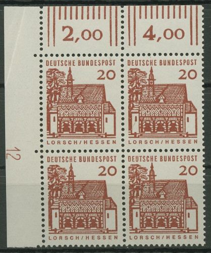 Bund 1964/65 Bauwerke klein 456 4er-Bl. Ecke 1 DZ 12 postfrisch, Rand bügig