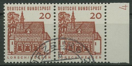 Bund 1964/65 Bauwerke klein, Paar mit Druckerzeichen 456 DZ 4 gestempelt