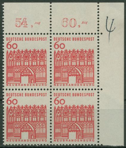 Bund 1964/65 Bauwerke klein, Neubrandenburg 459 4er-Block Ecke 2 postfrisch