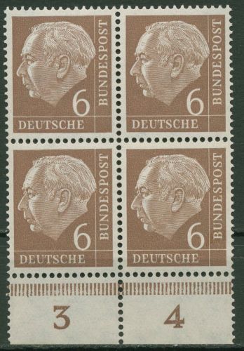 Bund 1954 Th. Heuss I Bogenmarken Platte Unterrand 180 4er-Block P UR postfrisch