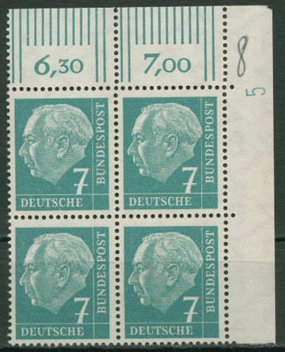 Bund 1954 Th. Heuss I mit Druckerzeichen 181 x Ww 4er-Bl. Ecke 2 DZ 5 postfrisch