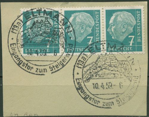 Bund 1954 Th. Heuss I Bogenmarken 181 3er-Streifen gestempelt, Briefstück