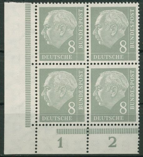Bund 1954 Th. Heuss I Platte Unterrand 182 x Ww 4er-Block P UR Ecke 3 postfrisch