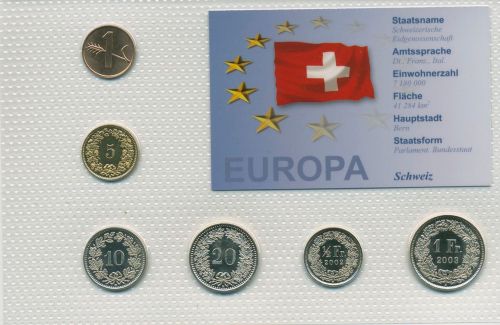 Schweiz 1975/2003 Kursmünzen 1 Rappen - 1 Franken im Blister, st (m5350)