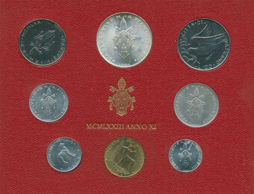 Vatikan 1973 Kursmünzen Papst Paul VI., im Blister, 1 - 500 Lire, st, (m5422)