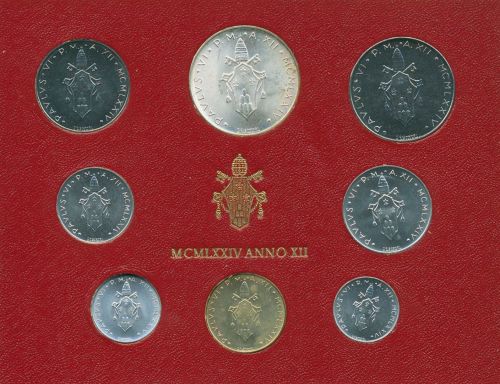 Vatikan 1974 Kursmünzen Papst Paul VI., im Blister, 1 - 500 Lire, st, (m5425)