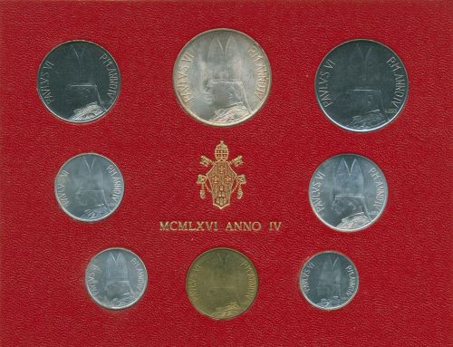 Vatikan 1966 Kursmünzen Papst Paul VI., im Blister, 1 - 500 Lire, st, (m5429)