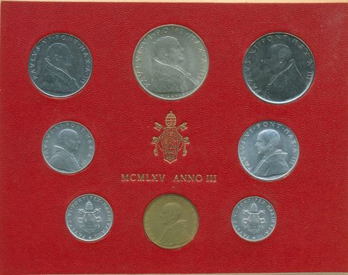 Vatikan 1965 Kursmünzen Papst Paul VI., im Blister, 1 - 500 Lire, st, (m5428)